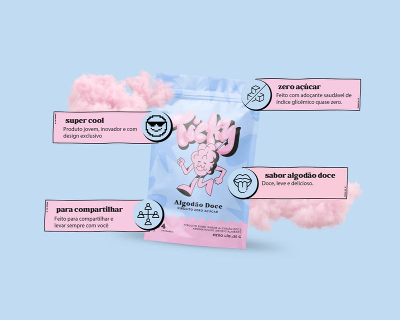 Pirulito Zero Açúcar - Sabor Algodão Doce - Pack 4 Pouches (16 Unidades)